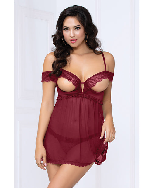 Lace & Mesh Open Cups Babydoll W-fly Away Back & Panty Wine Md - Naughtyaddiction.com
