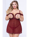 Lace & Mesh Open Cups Babydoll W-fly Away Back & Panty Wine 3x-4x - Naughtyaddiction.com