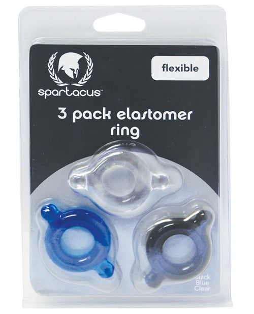 Spartacus Elastomer Cock Ring Set - Black, Blue & Clear Pack Of 3 - Naughtyaddiction.com