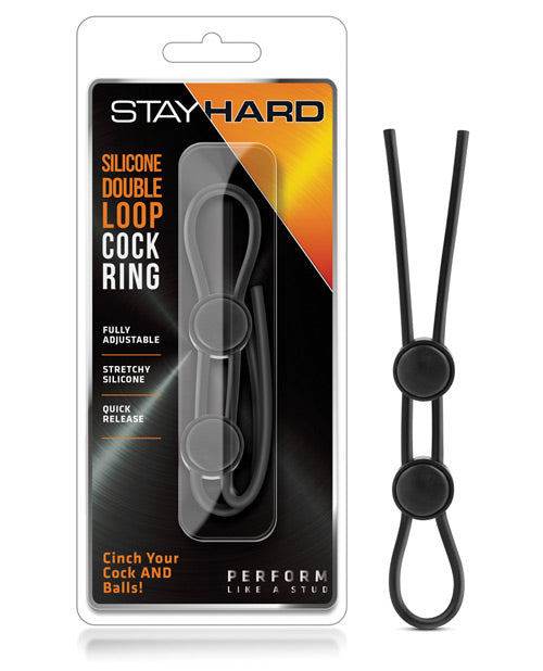 Blush Stay Hard Silicone Double Loop Cock Ring - Black - Naughtyaddiction.com