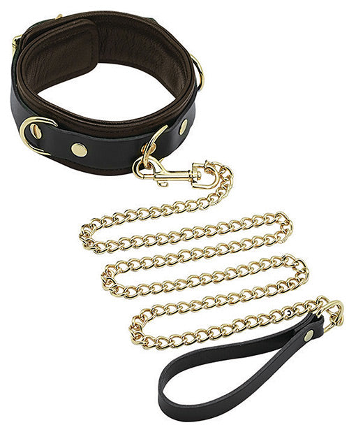 Spartacus Collar & Leash - Brown Leather W-gold Accent Hardware - Naughtyaddiction.com