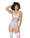 Scallop Stretch Lace Bra, Garter Belt & G-string Light Blue-white S-m - Naughtyaddiction.com