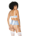 Scallop Stretch Lace Bra, Garter Belt & G-string Light Blue-white S-m - Naughtyaddiction.com