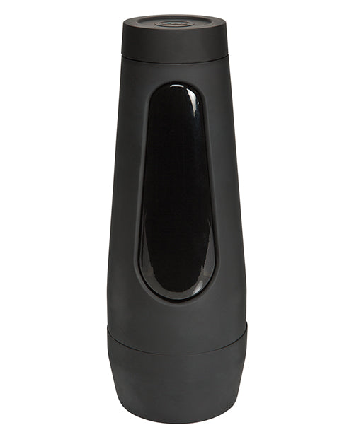 a black vase with a black lid on a white background