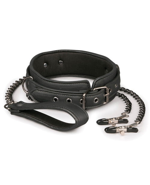 Easy Toys Faux Leather Collar W-nipple Chains - Black - Naughtyaddiction.com