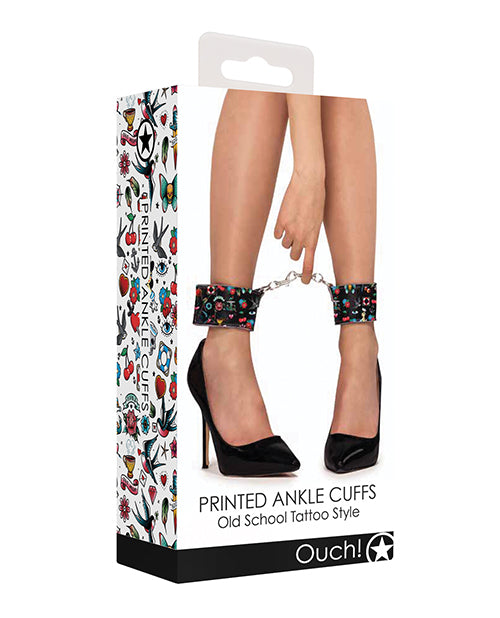 Shots Ouch Old School Tattoo Style Printed Ankle Cuffs- Black - Naughtyaddiction.com