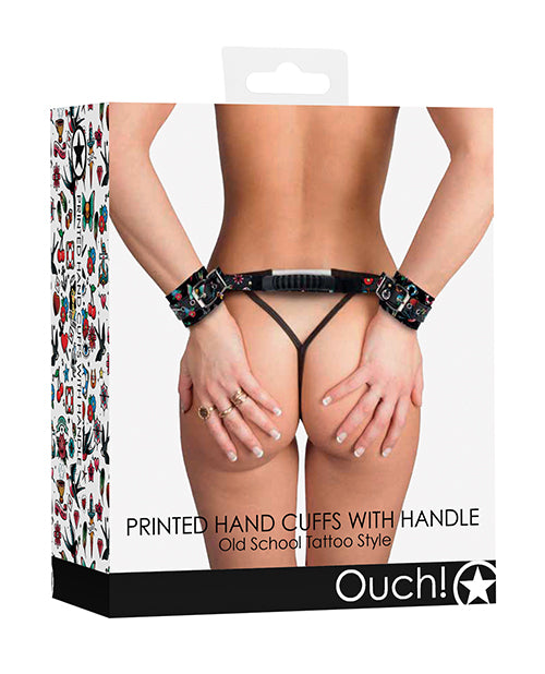 Shots Ouch Old School Tattoo Style Printed Handcuffs W-handle - Black - Naughtyaddiction.com