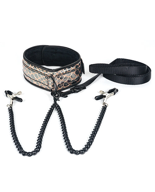 Spartacus Faux Leather Collar & Leash W-black Nipple Clamps - Gold - Naughtyaddiction.com