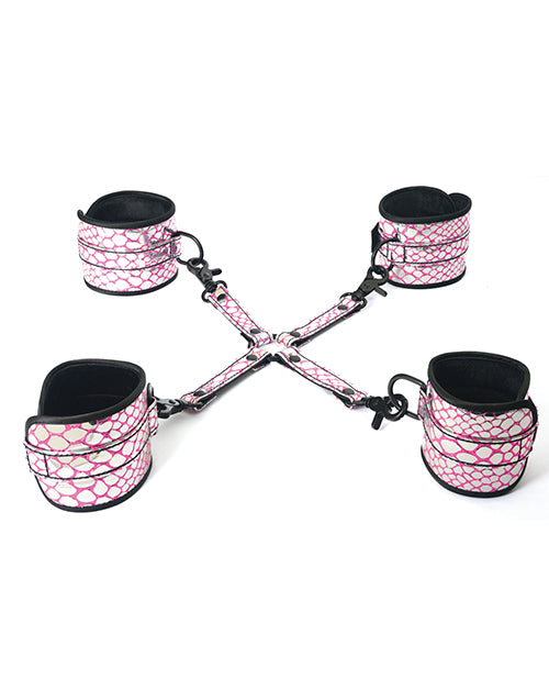Spartacus Faux Leather Wrist & Ankle Restraints W-hog Tie - Pink - Naughtyaddiction.com