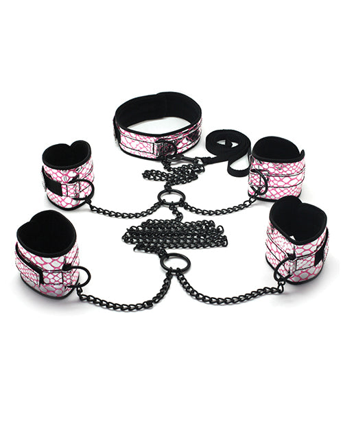 Spartacus Faux Leather Collar To Wrist & Ankle Restraints Bondage Kit W-leash - Pink - Naughtyaddiction.com