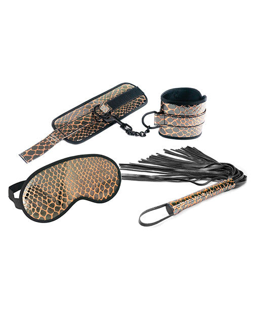 Spartacus Faux Leather Wrist Restraints Blindfold & Flogger Bondage Kit - Gold - Naughtyaddiction.com