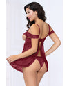 Lace & Mesh Open Cups Babydoll W-fly Away Back & Panty Wine Xl - Naughtyaddiction.com