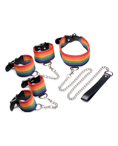 No Eta Master Series Kinky Pride Rainbow Bondage Set - Wrist & Ankle Cuffs & Collar W-leash - Naughtyaddiction.com